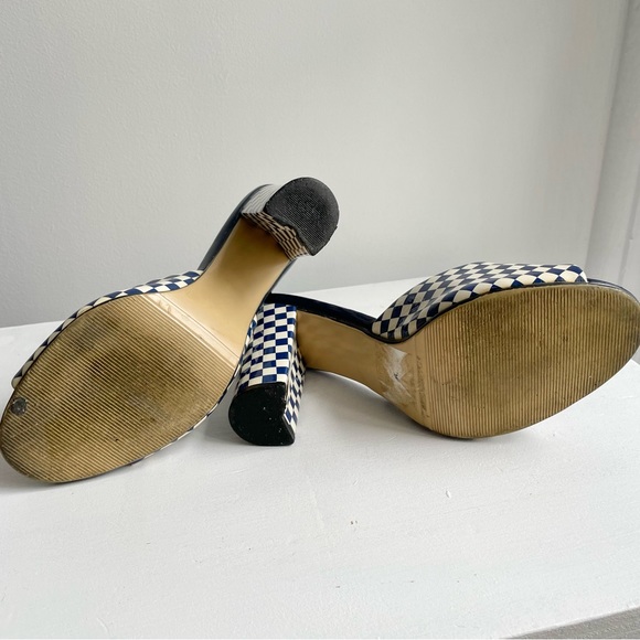 Toga Blue & Cream Checker Print Vinyl Mules Heels - Picture 6 of 9